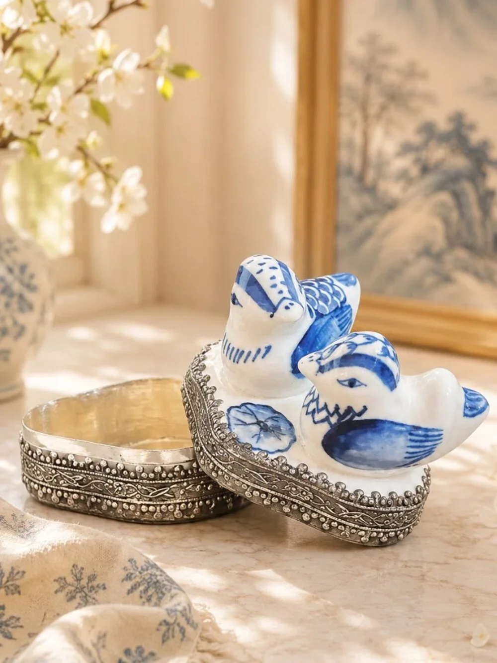 Vintage Blue & White Chinese Silver Plated Trinket Box With Hand-Painted Birds